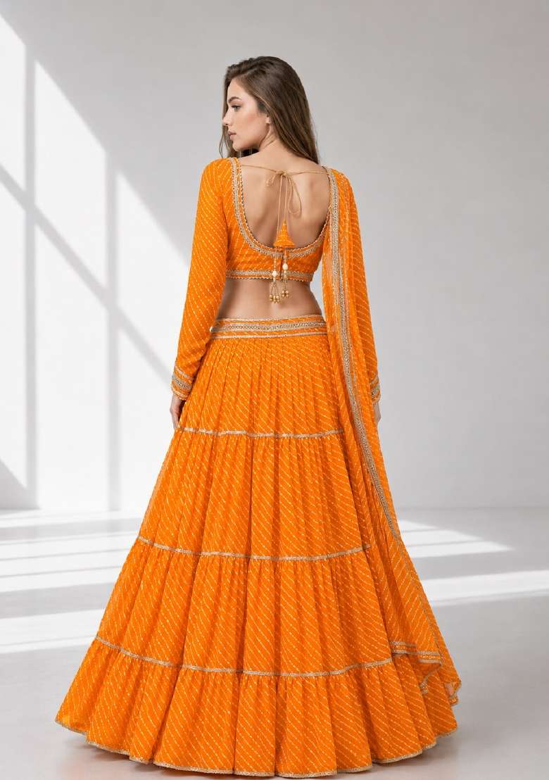 Yellow Printed Georgette Lehenga Set for Diwali and Festive Wear - Indya