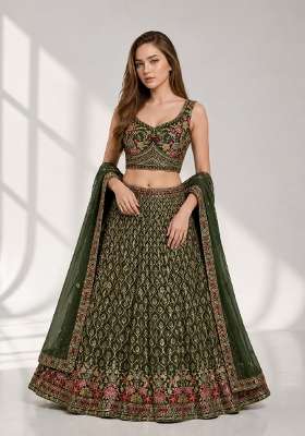 Green Embroidery Georgette Lehenga Set for Diwali and Festive Wear