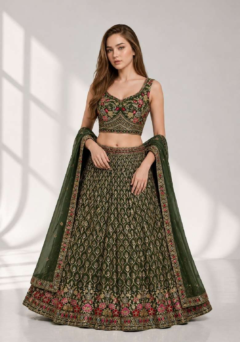 Green Embroidery Georgette Lehenga Set for Diwali and Festive Wear - Indya