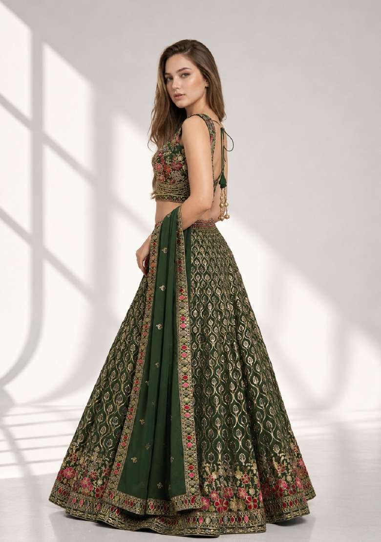 Green Embroidery Georgette Lehenga Set for Diwali and Festive Wear - Indya