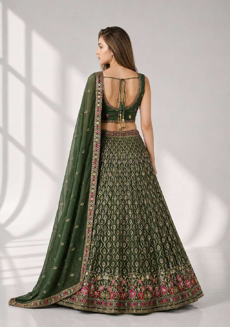 Green Embroidery Georgette Lehenga Set for Diwali and Festive Wear - Indya