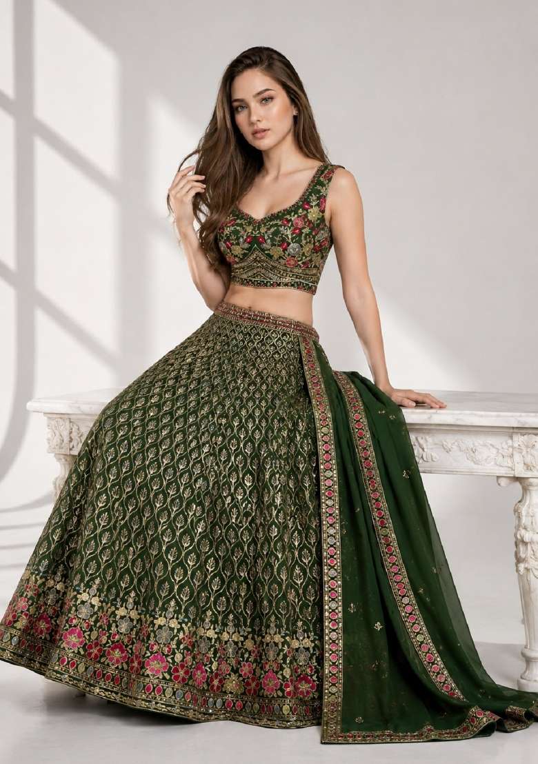 Green Embroidery Georgette Lehenga Set for Diwali and Festive Wear - Indya