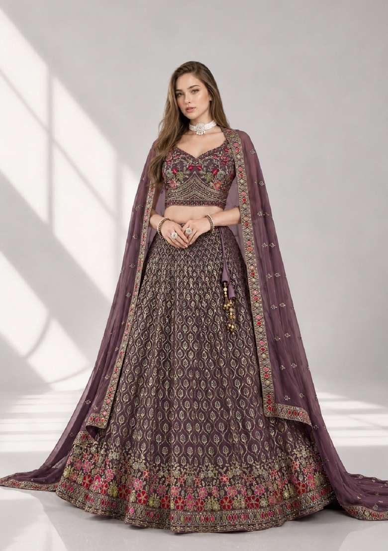 Light Purple Embroidery Georgette Lehenga Set for Diwali and Festive Wear - Indya