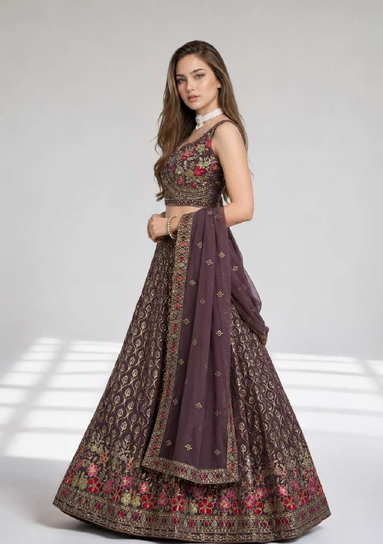 Light Purple Embroidery Georgette Lehenga Set for Diwali and Festive Wear - Indya