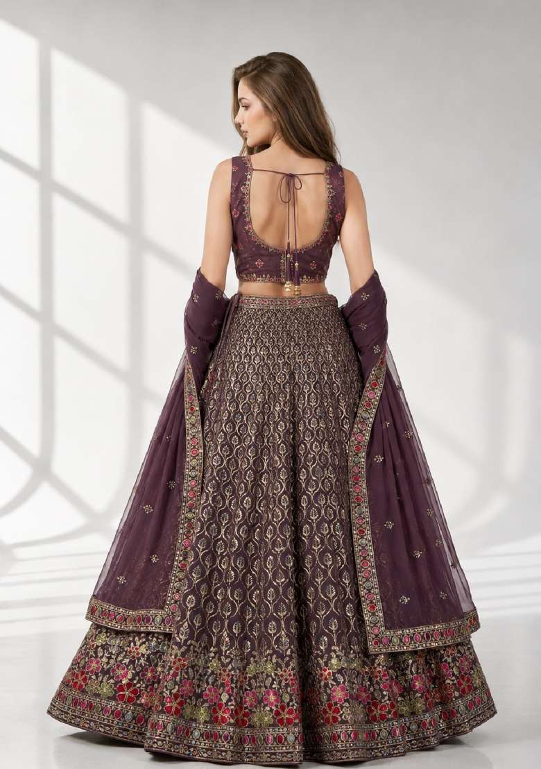Light Purple Embroidery Georgette Lehenga Set for Diwali and Festive Wear - Indya