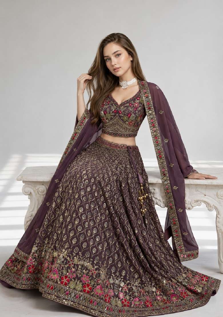 Light Purple Embroidery Georgette Lehenga Set for Diwali and Festive Wear - Indya