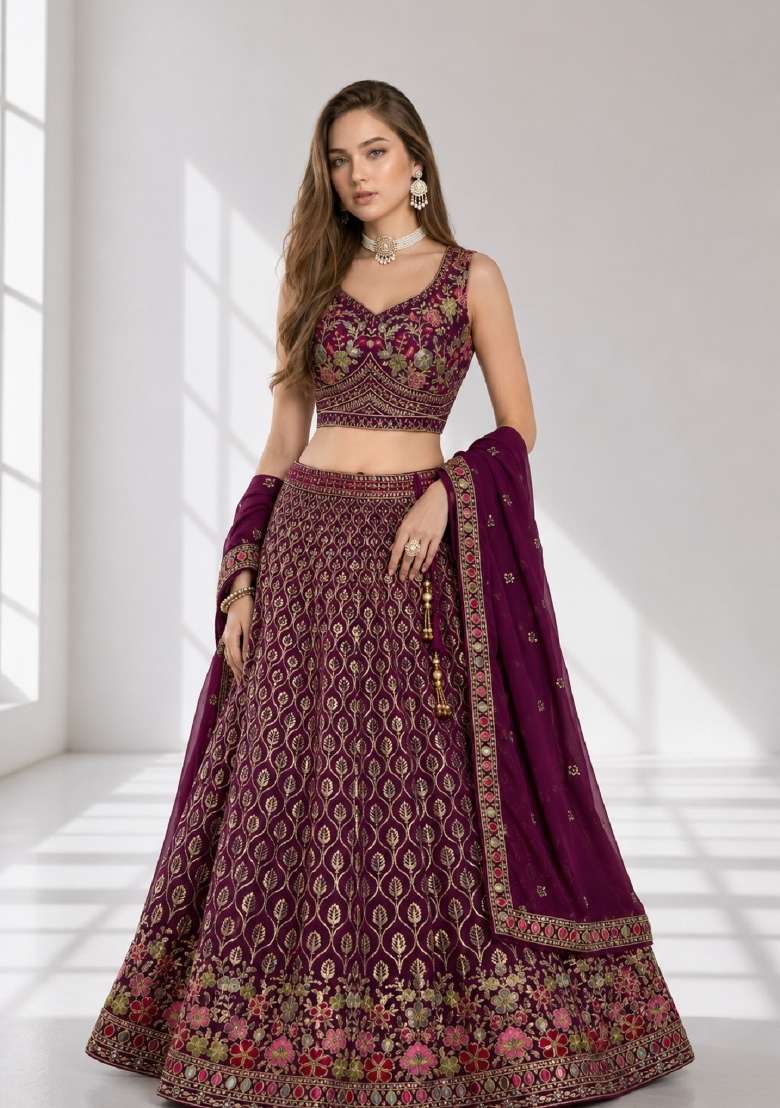 Purple Georgette Lehenga Set with Embroidery for Diwali | Wedding & Festive Wear - Indya