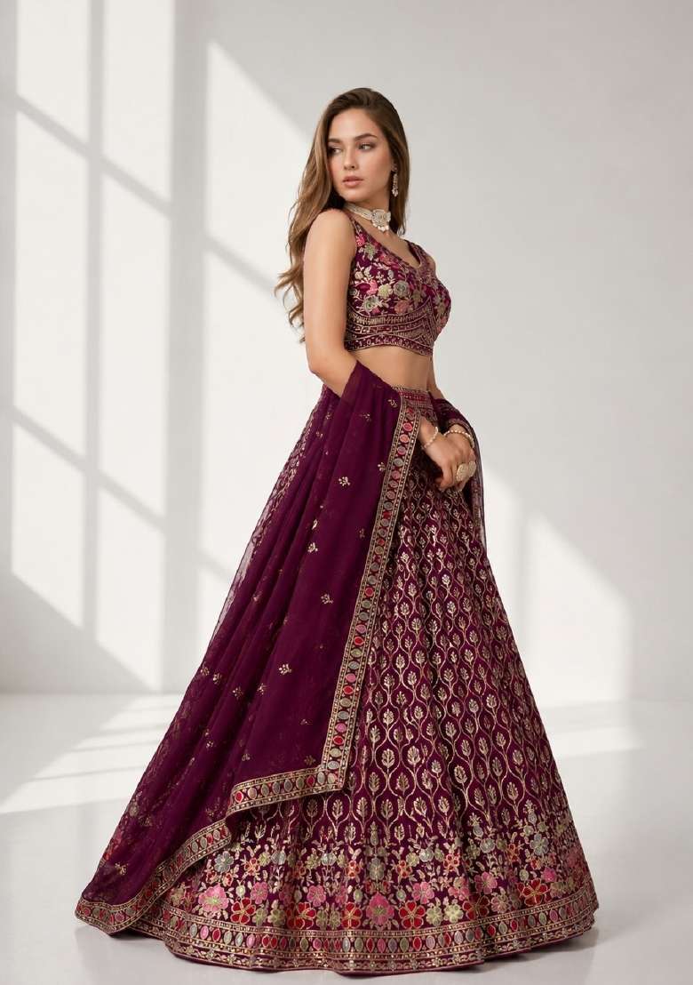 Purple Georgette Lehenga Set with Embroidery for Diwali | Wedding & Festive Wear - Indya