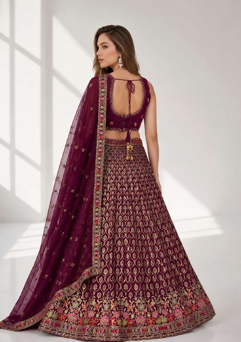 Purple Georgette Lehenga Set with Embroidery for Diwali | Wedding & Festive Wear - Indya