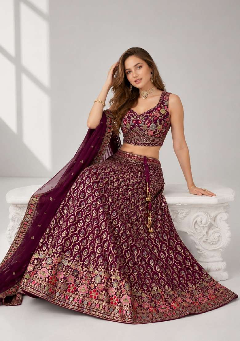 Purple Georgette Lehenga Set with Embroidery for Diwali | Wedding & Festive Wear - Indya