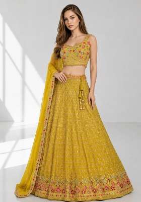 Yellow Embroidery Georgette Lehenga Set for Diwali and Festive Wear