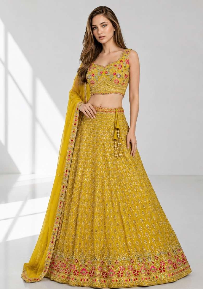 Yellow Embroidery Georgette Lehenga Set for Diwali and Festive Wear - Indya