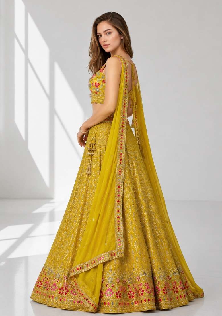 Yellow Embroidery Georgette Lehenga Set for Diwali and Festive Wear - Indya