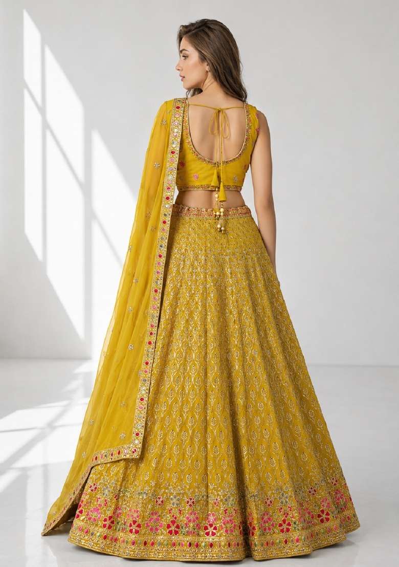 Yellow Embroidery Georgette Lehenga Set for Diwali and Festive Wear - Indya