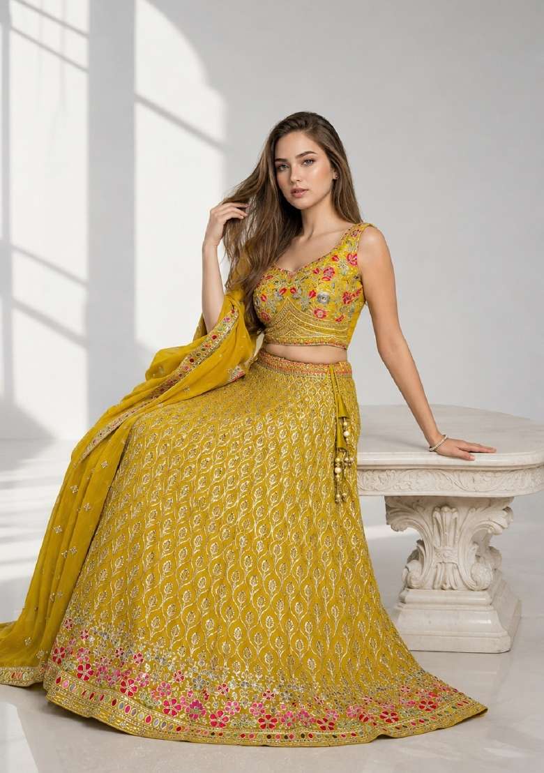 Yellow Embroidery Georgette Lehenga Set for Diwali and Festive Wear - Indya