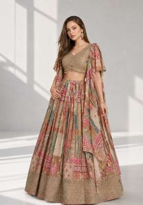 Beige Chinon Lehenga Set with Embroidery for Diwali | Wedding & Festive Wear