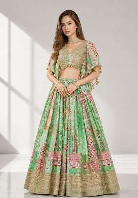 Green Chinon Lehenga Set with Embroidery for Diwali | Wedding & Festive Wear