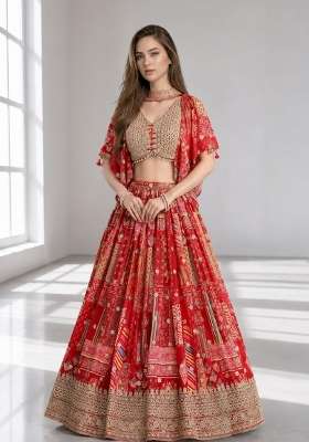 Red Chinon Lehenga Set with Embroidery for Diwali | Wedding & Festive Wear