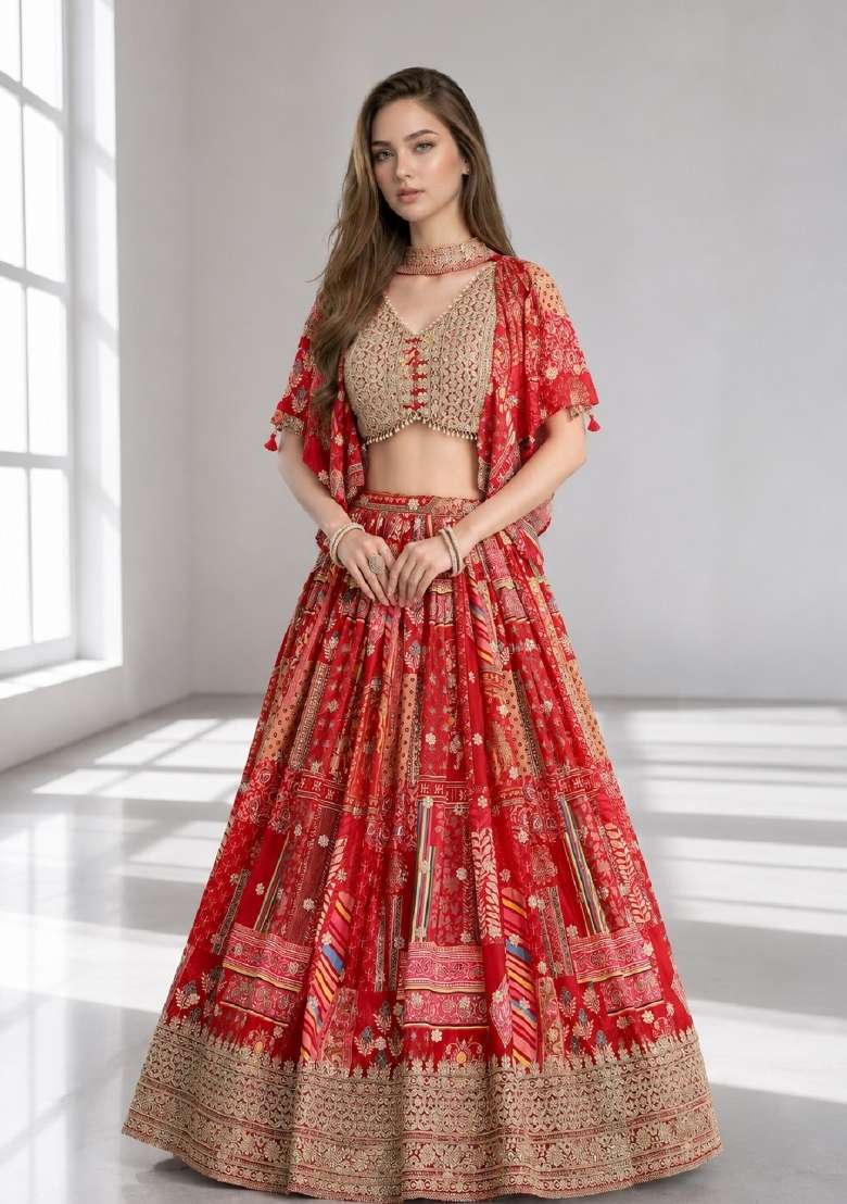 Red Chinon Lehenga Set with Embroidery for Diwali | Wedding & Festive Wear - Indya