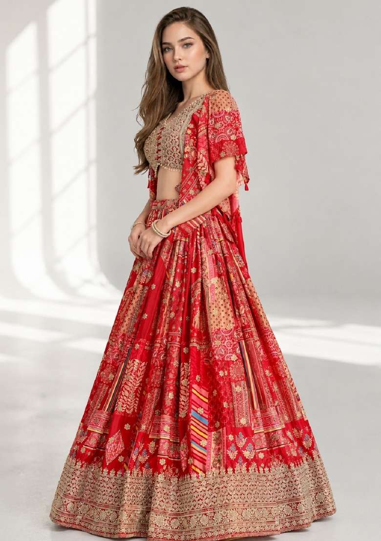 Red Chinon Lehenga Set with Embroidery for Diwali | Wedding & Festive Wear - Indya