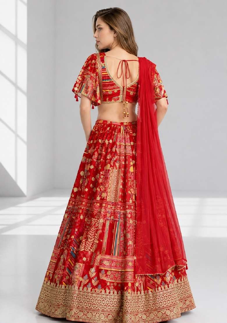 Red Chinon Lehenga Set with Embroidery for Diwali | Wedding & Festive Wear - Indya