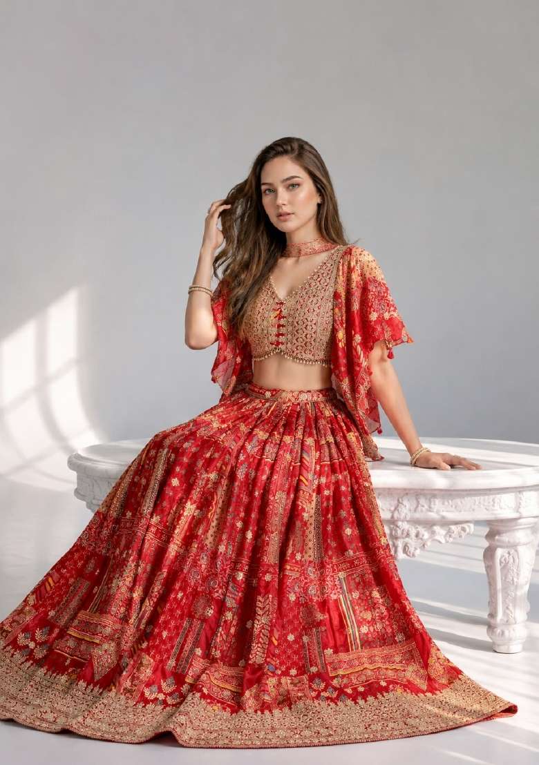 Red Chinon Lehenga Set with Embroidery for Diwali | Wedding & Festive Wear - Indya