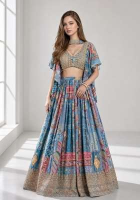 Sky Blue Chinon Lehenga Set with Embroidery for Diwali | Wedding & Festive Wear