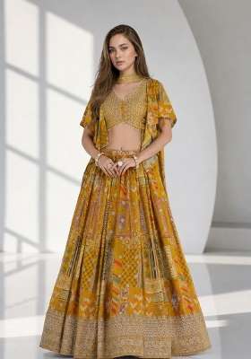 Yellow Chinon Lehenga Set with Embroidery for Diwali | Wedding & Festive Wear