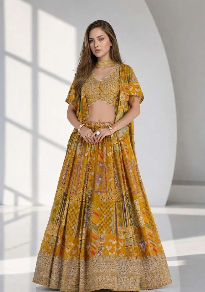 Yellow Chinon Lehenga Set with Embroidery for Diwali | Wedding & Festive Wear - Indya