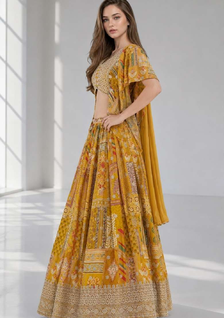 Yellow Chinon Lehenga Set with Embroidery for Diwali | Wedding & Festive Wear - Indya