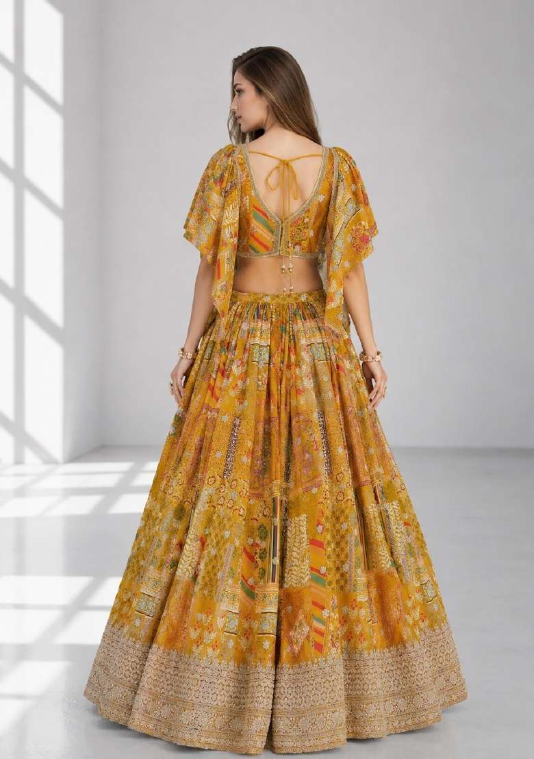Yellow Chinon Lehenga Set with Embroidery for Diwali | Wedding & Festive Wear - Indya