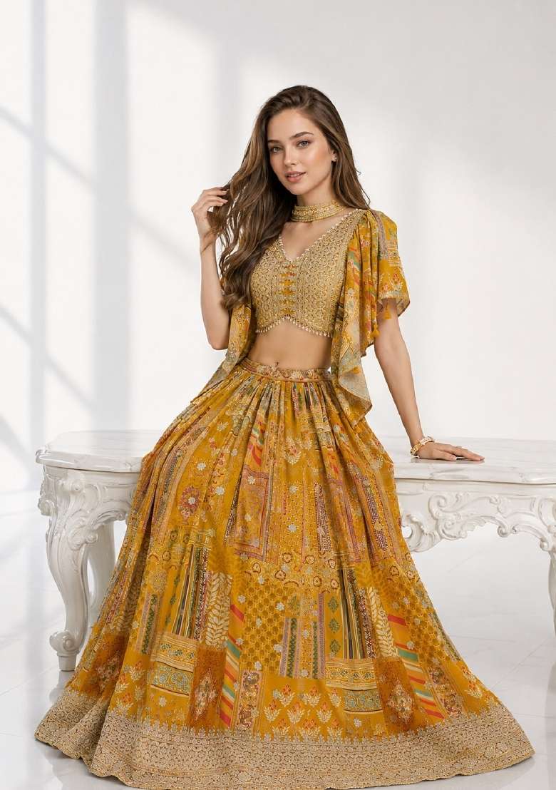 Yellow Chinon Lehenga Set with Embroidery for Diwali | Wedding & Festive Wear - Indya