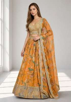 Orange Organza Lehenga Set with Embroidery for Diwali | Wedding & Festive Wear