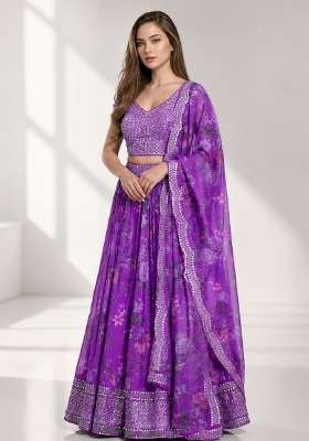 Purple Organza Lehenga Set with Embroidery for Diwali | Wedding & Festive Wear