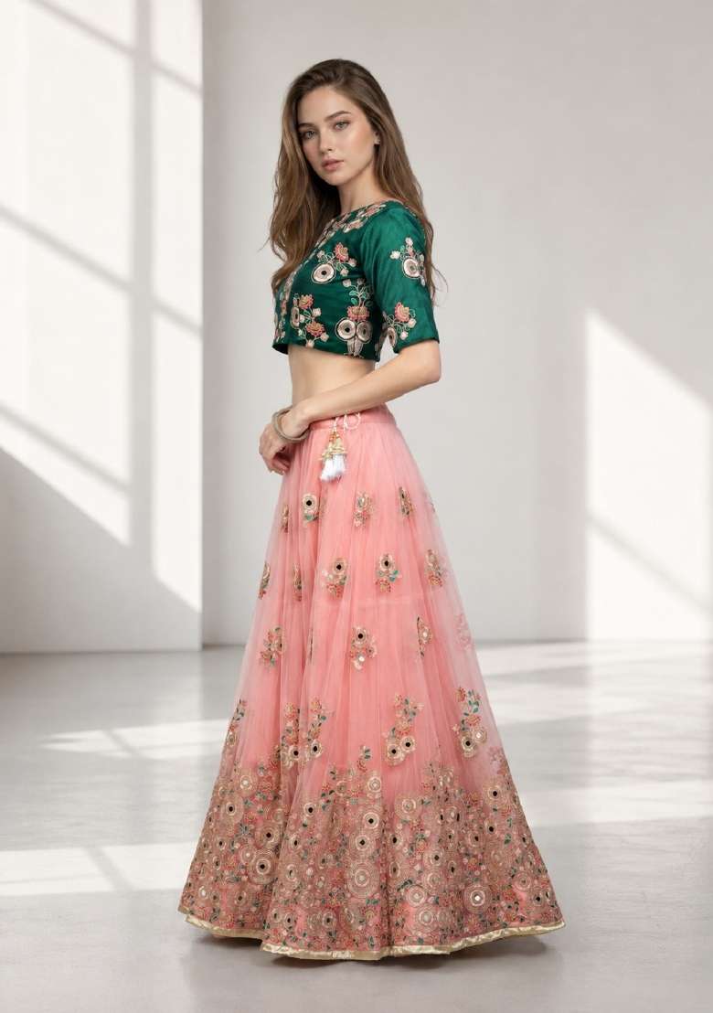 Pink Embroidery Net Lehenga Set - Indya