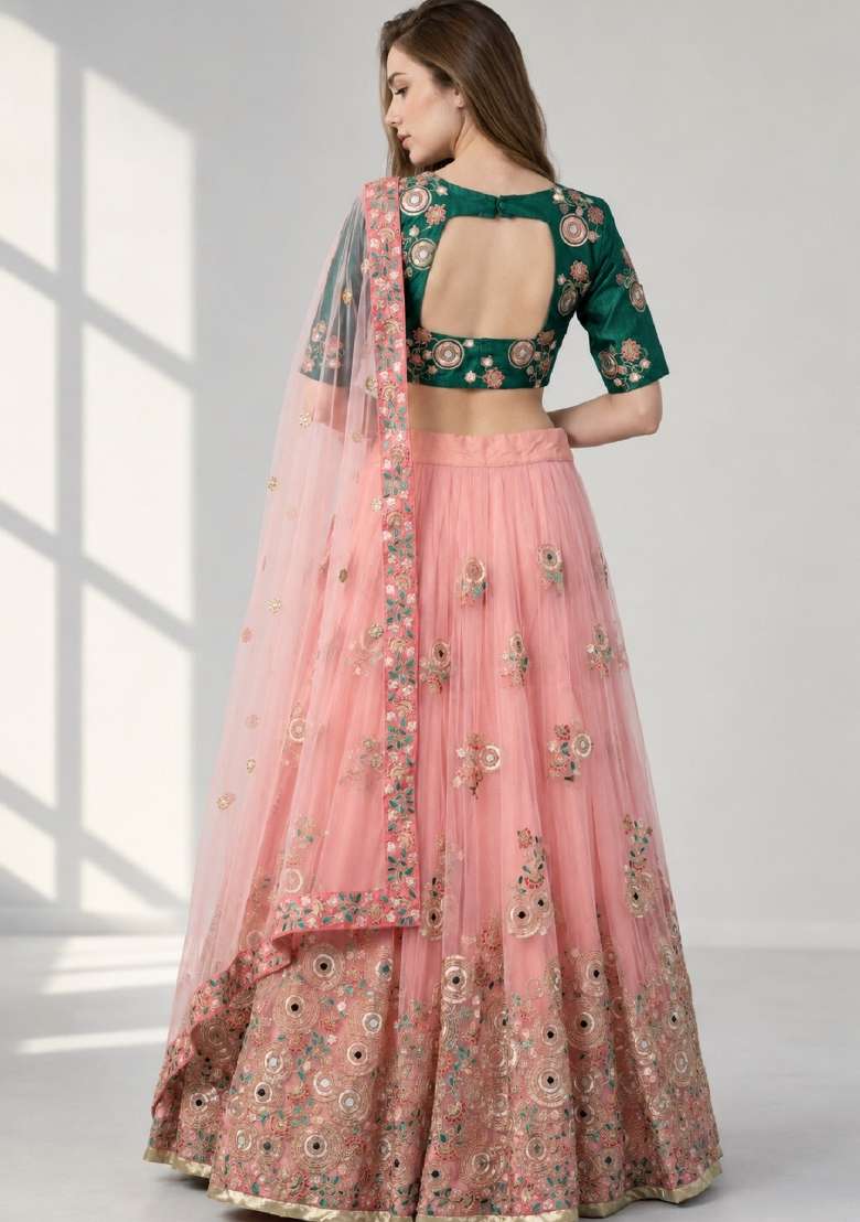 Pink Embroidery Net Lehenga Set - Indya