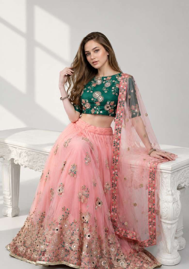 Pink Embroidery Net Lehenga Set - Indya