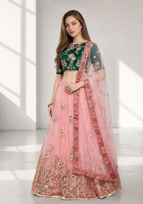 Pink Embroidery Net Lehenga Set