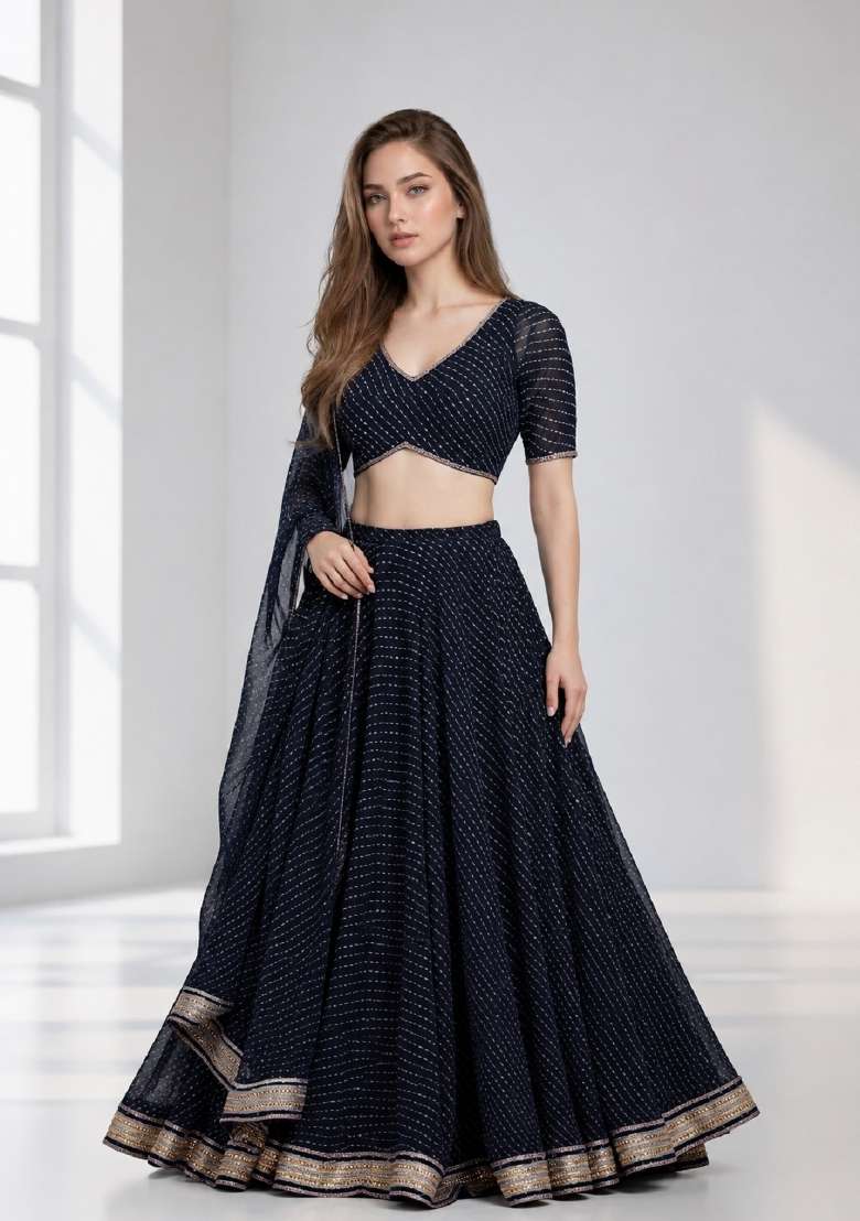 Black Printed Georgette Lehenga Set for Diwali and Festive Wear - Indya