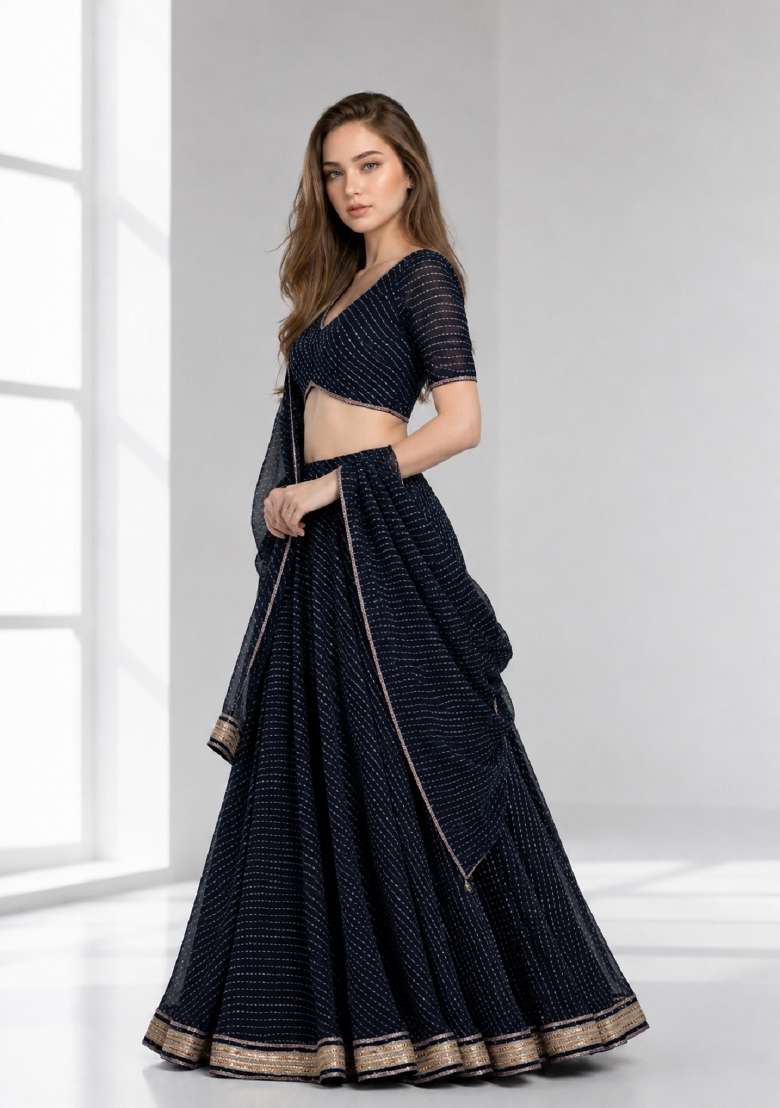 Black Printed Georgette Lehenga Set for Diwali and Festive Wear - Indya