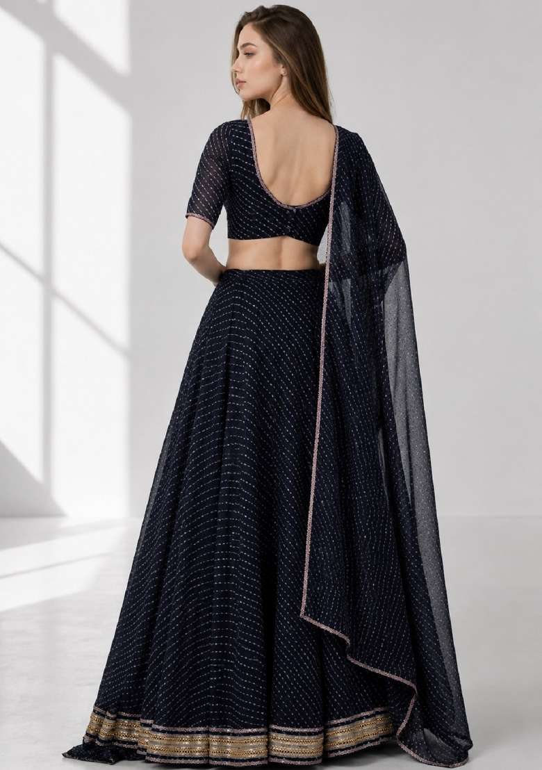 Black Printed Georgette Lehenga Set for Diwali and Festive Wear - Indya