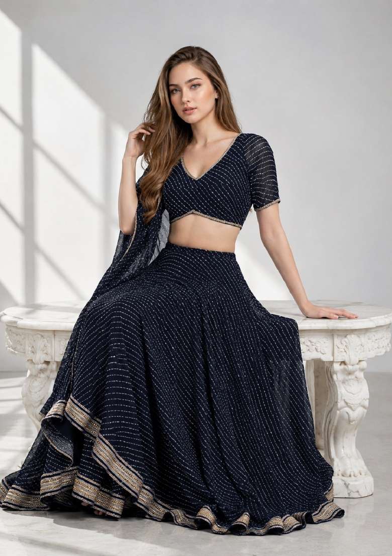 Black Printed Georgette Lehenga Set for Diwali and Festive Wear - Indya