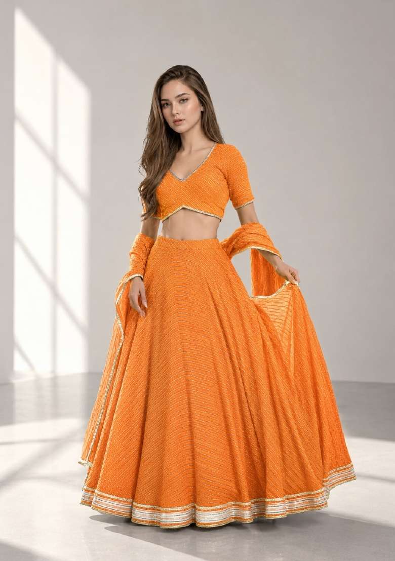 Orange Georgette Lehenga Set with Printed for Diwali | Wedding & Festive Wear - Indya