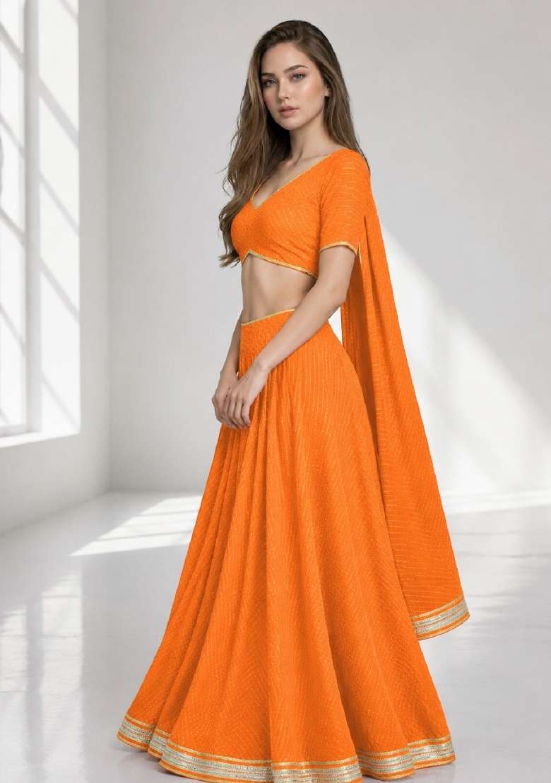 Orange Georgette Lehenga Set with Printed for Diwali | Wedding & Festive Wear - Indya