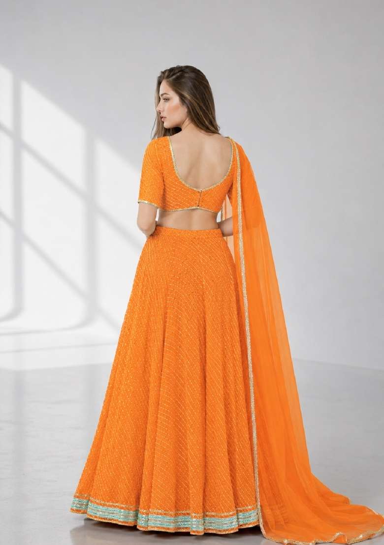 Orange Georgette Lehenga Set with Printed for Diwali | Wedding & Festive Wear - Indya