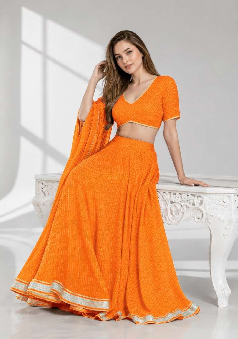 Orange Georgette Lehenga Set with Printed for Diwali | Wedding & Festive Wear - Indya