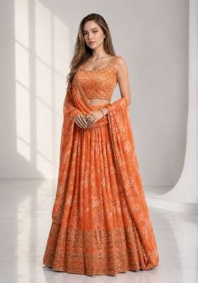 Orange Embroidery Organza Lehenga Set for Diwali and Festive Wear
