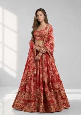 Red Embroidery Organza Lehenga Set for Diwali and Festive Wear