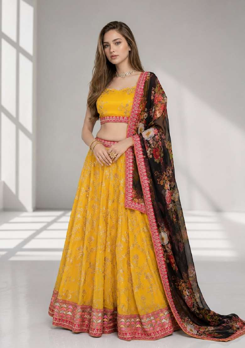 Yellow Embroidery Georgette Lehenga Set - Indya