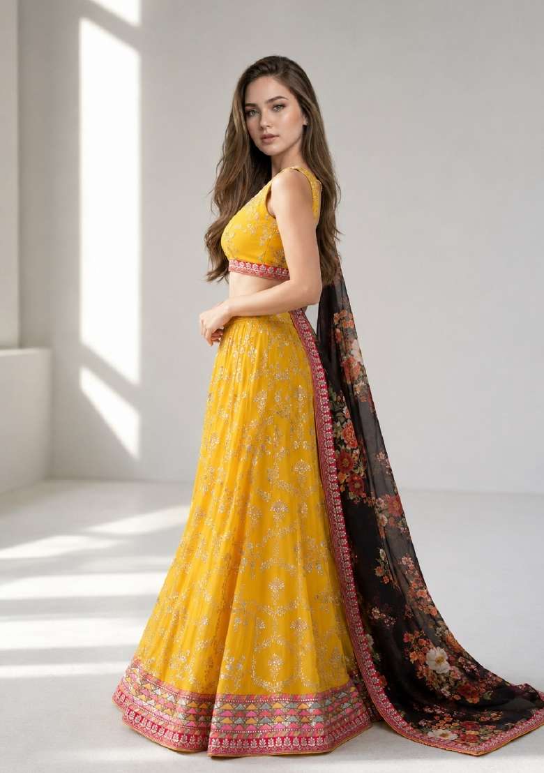 Yellow Embroidery Georgette Lehenga Set - Indya